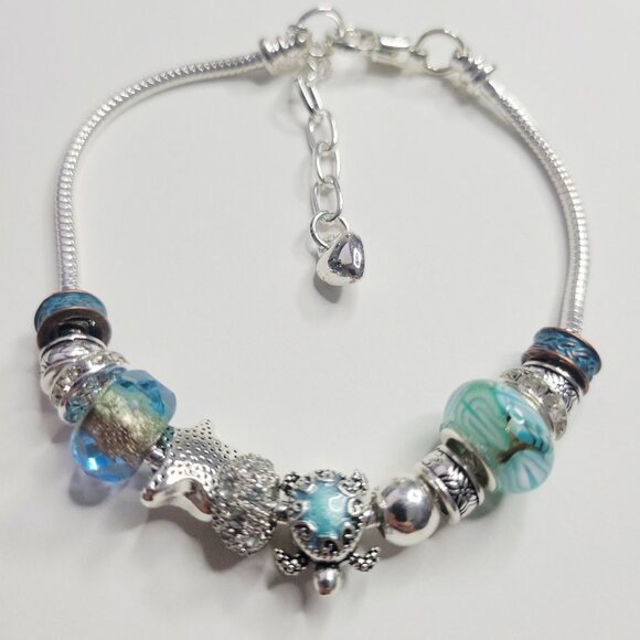 NWT Pandora Style Charm Bracelet Silver Blue Turtle Stars Copper Beads Glass XL - Picture 1 of 8